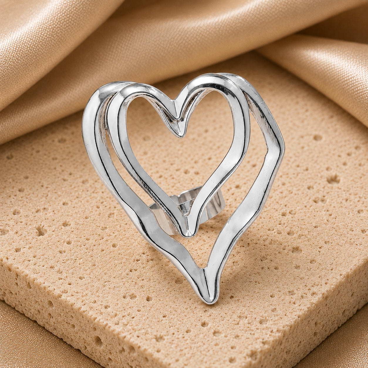 Contemporary Open Heart Statement Ring Gold Silver