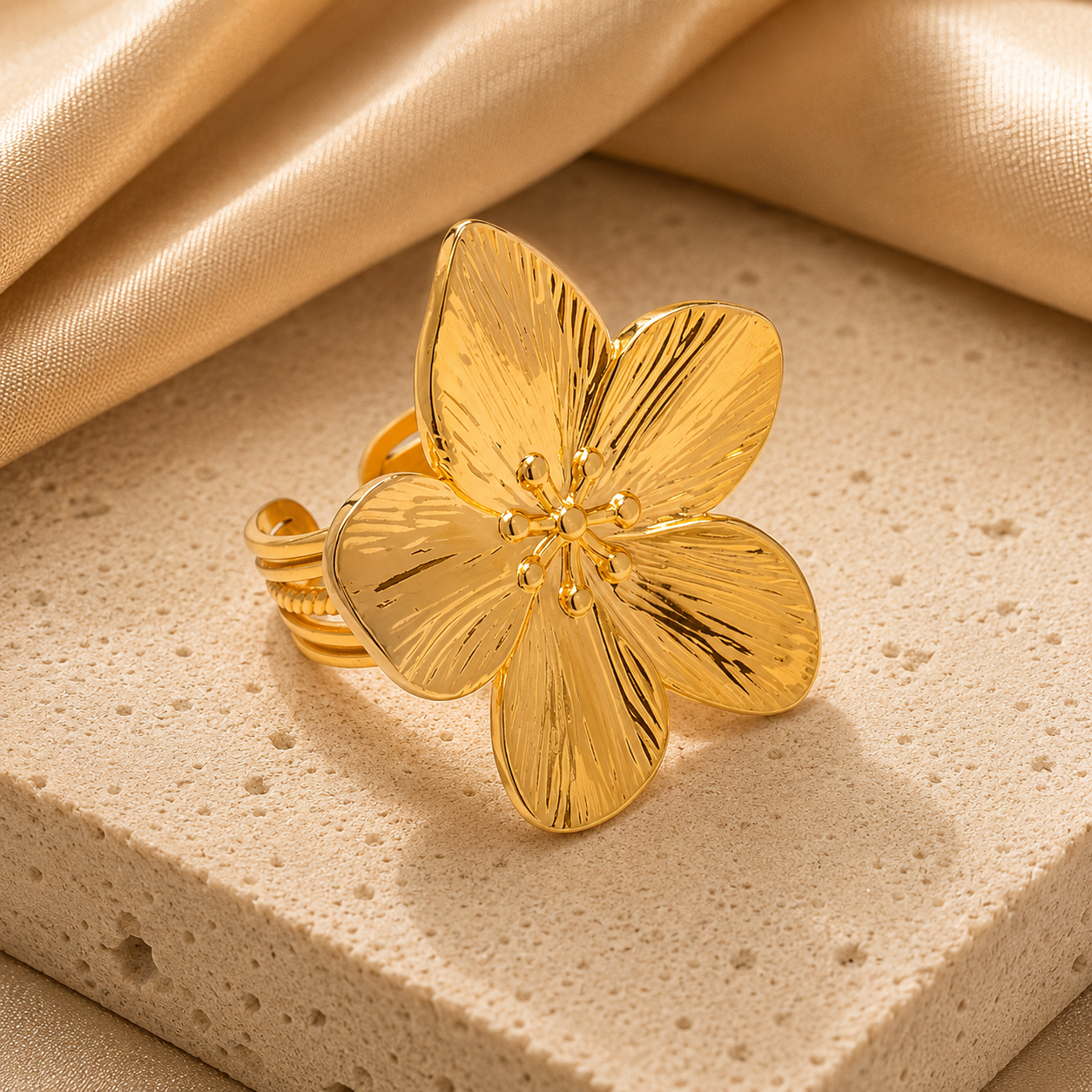 Oversized Gold Flower Statement Ring Adjustable