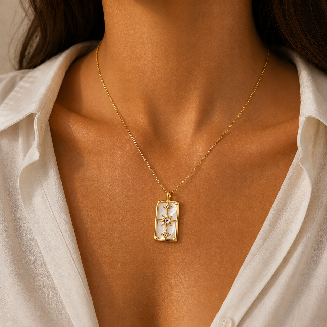 Mother-of-Pearl Pendant Necklace Golden Stars Elegant Night Sky