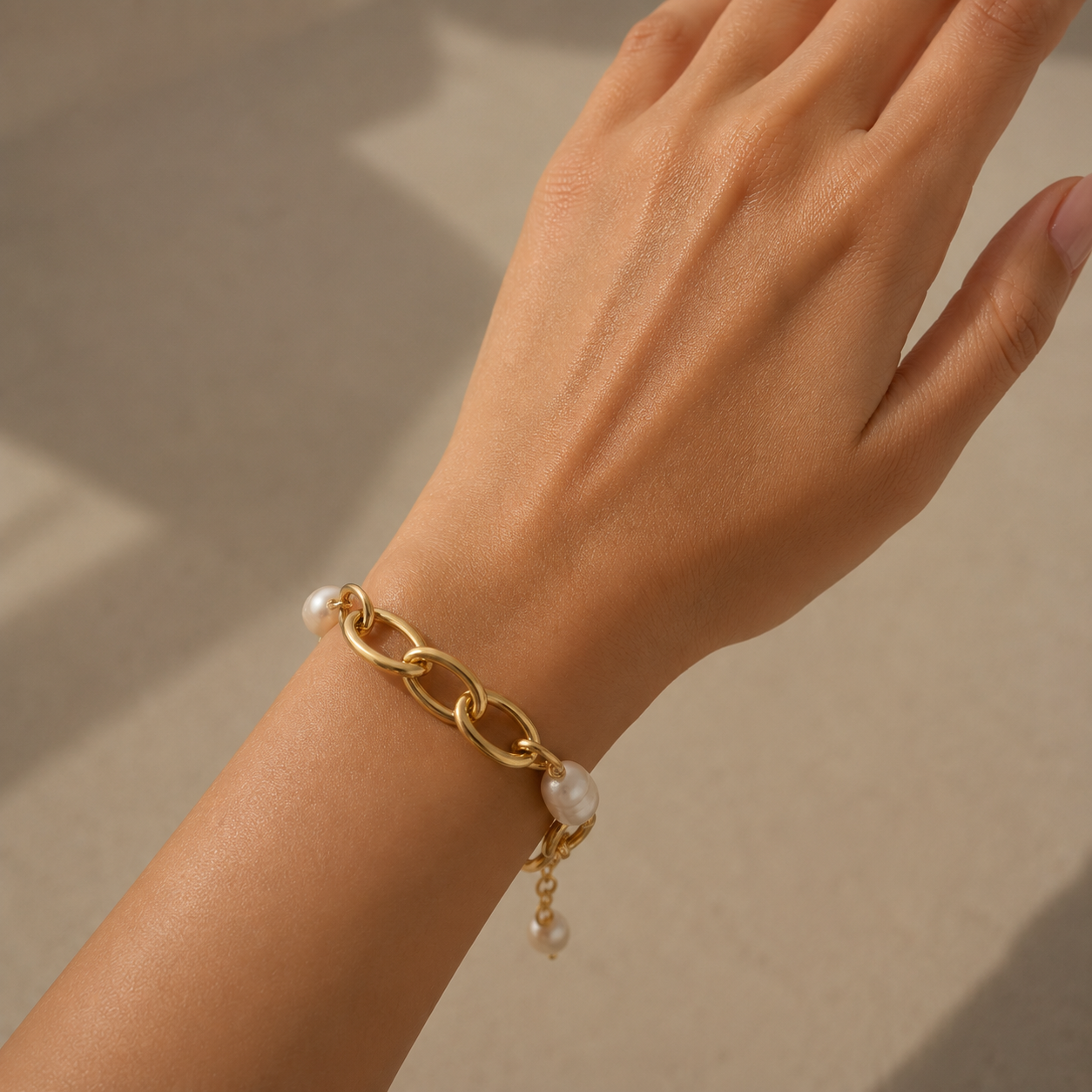 Gold Chain Bracelet with Pearls Adjustable Elegant Design