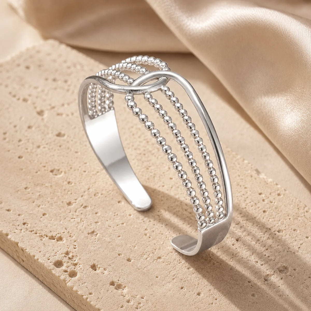 Beaded Wave Open Cuff Bracelet Gold Silver