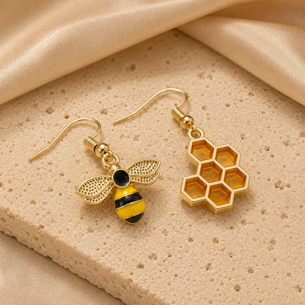 Gold Honey Bee Enamel Dangle Earrings Honeycomb