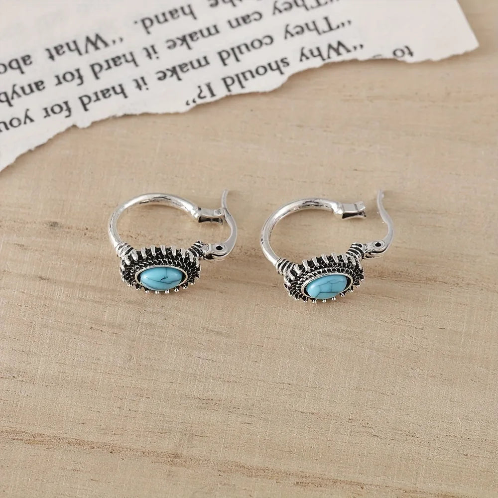 White Gold Hoop Earrings Turquoise Design Elegant for Everyday Wear 3