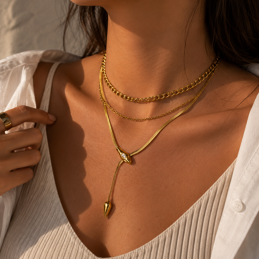 Layered Herringbone & Rope Chain Necklace