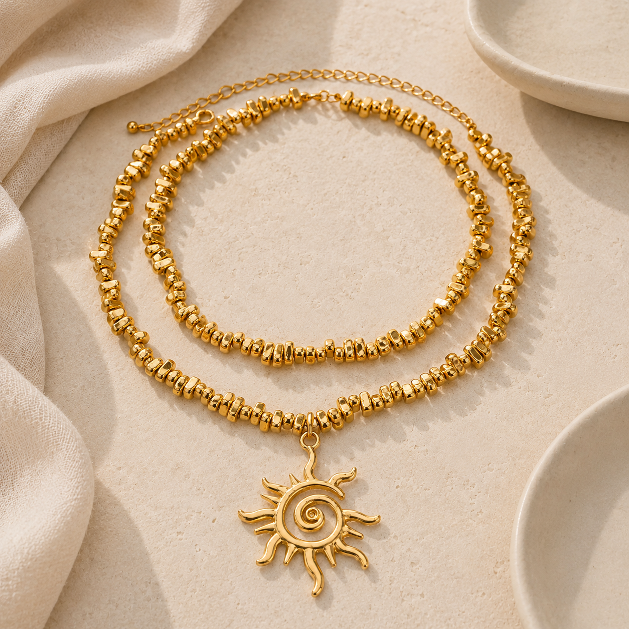 Gold Sun Pendant Beaded Necklace for Women