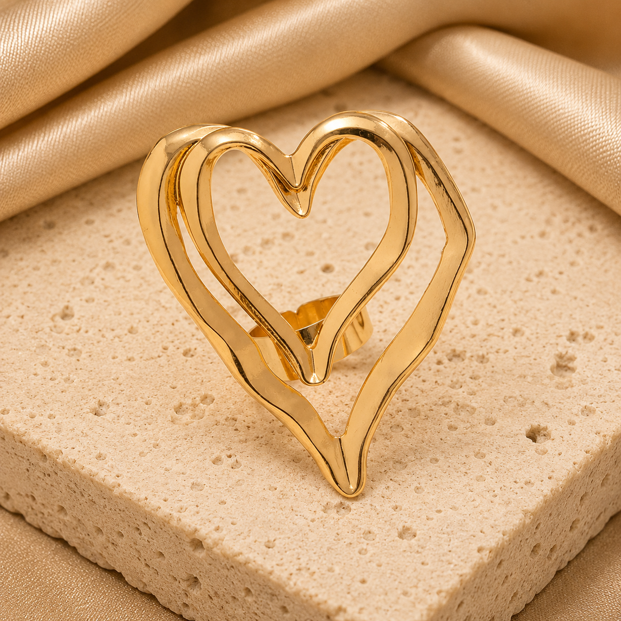Contemporary Open Heart Statement Ring Gold Silver