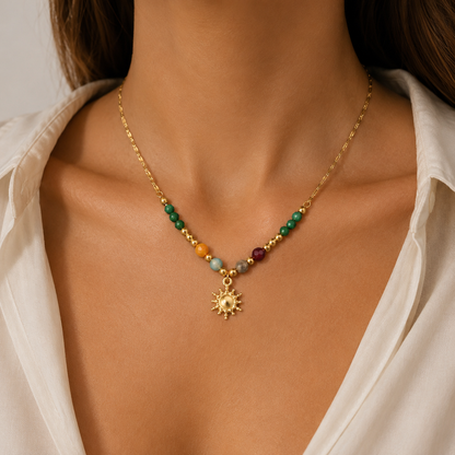 Colorful Bead Necklace Adjustable Chain Radiant Sun Pendant