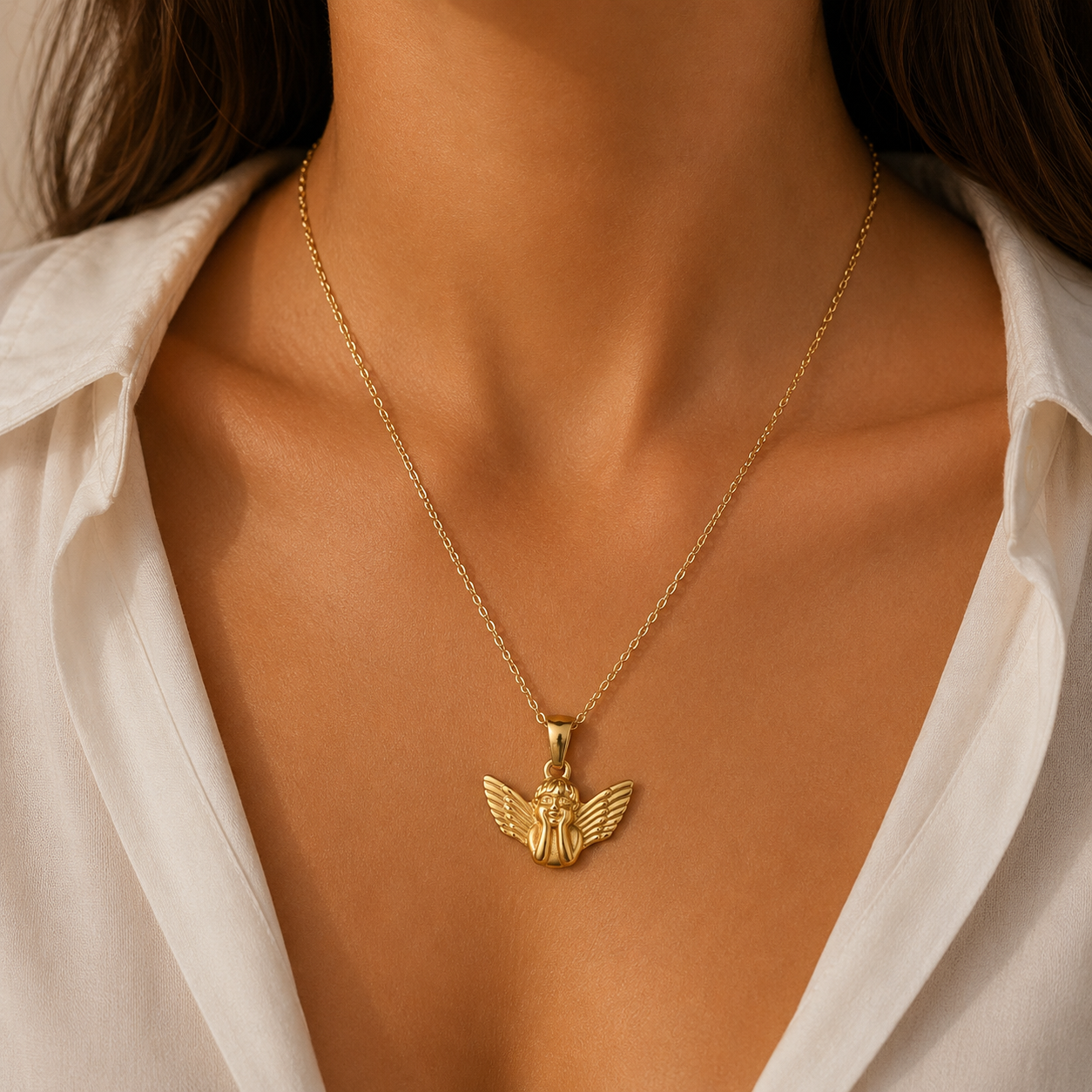 Gold Angel Pendant Necklace Delicate Design Hypoallergenic Wear