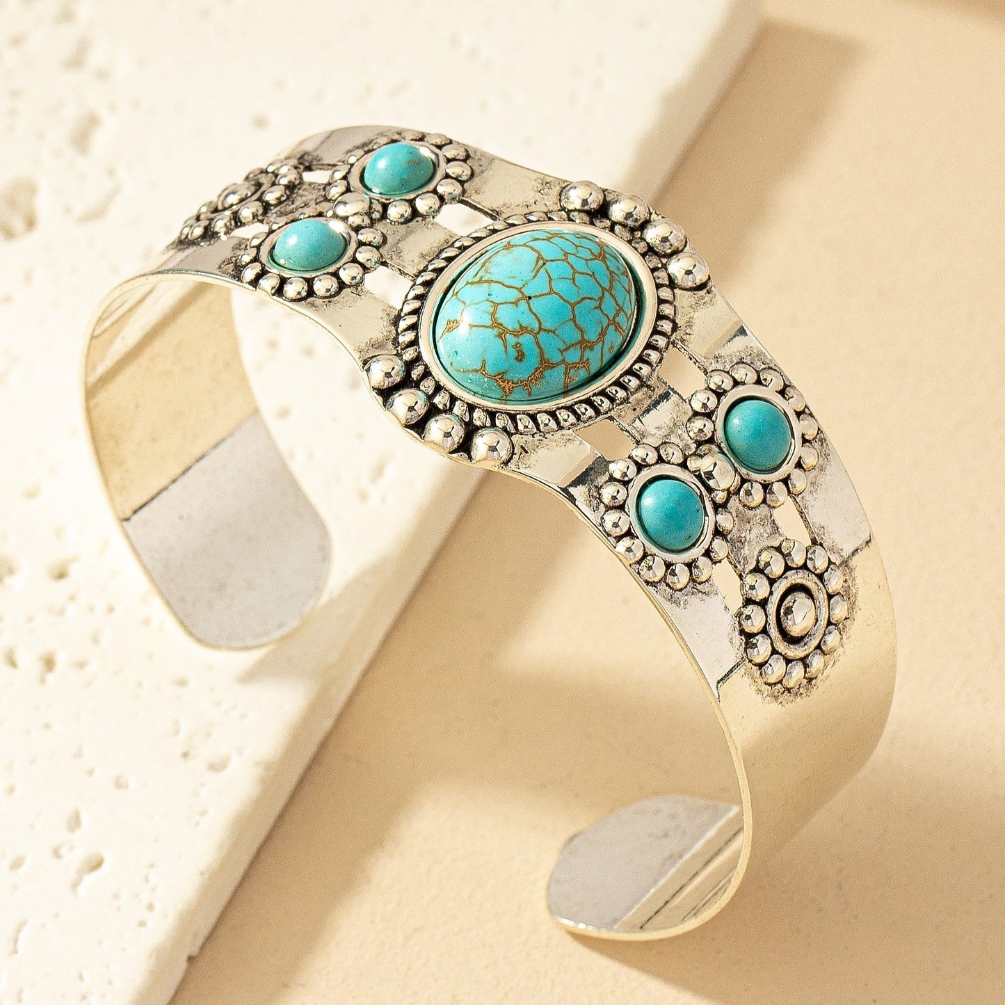 Cuff Bracelet for Women White Gold Elegant Turquoise Design 1