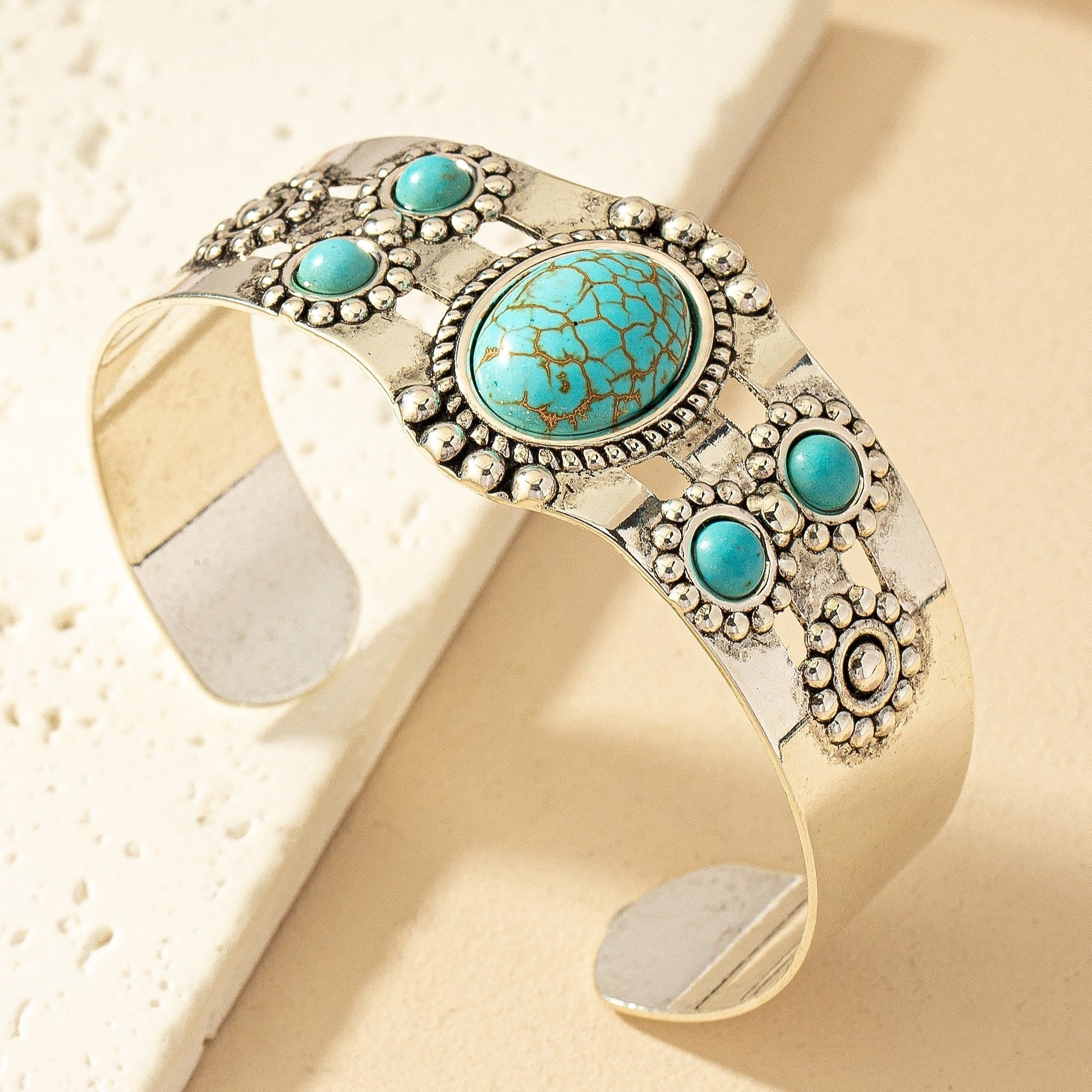 Cuff Bracelet for Women White Gold Elegant Turquoise Design 1