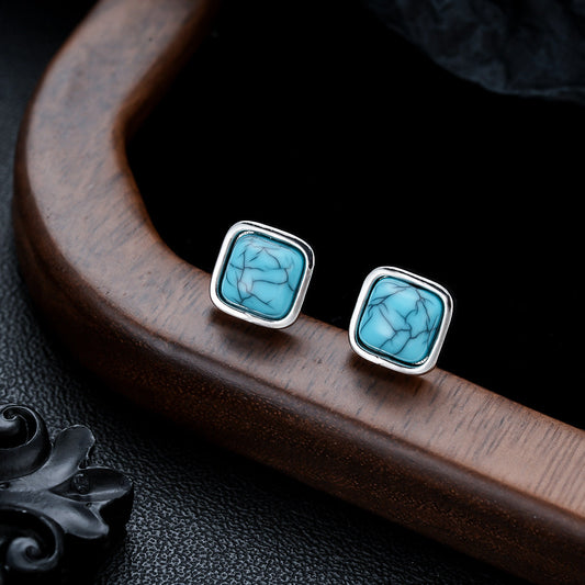 Earrings Turquoise Square Studs White Gold Elegant Design 0