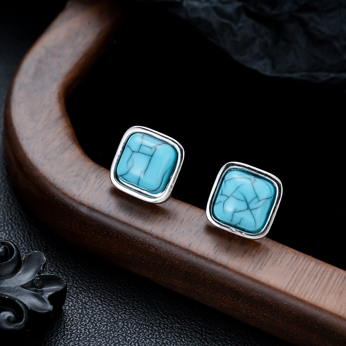 Earrings Turquoise Square Studs White Gold Elegant Design 1