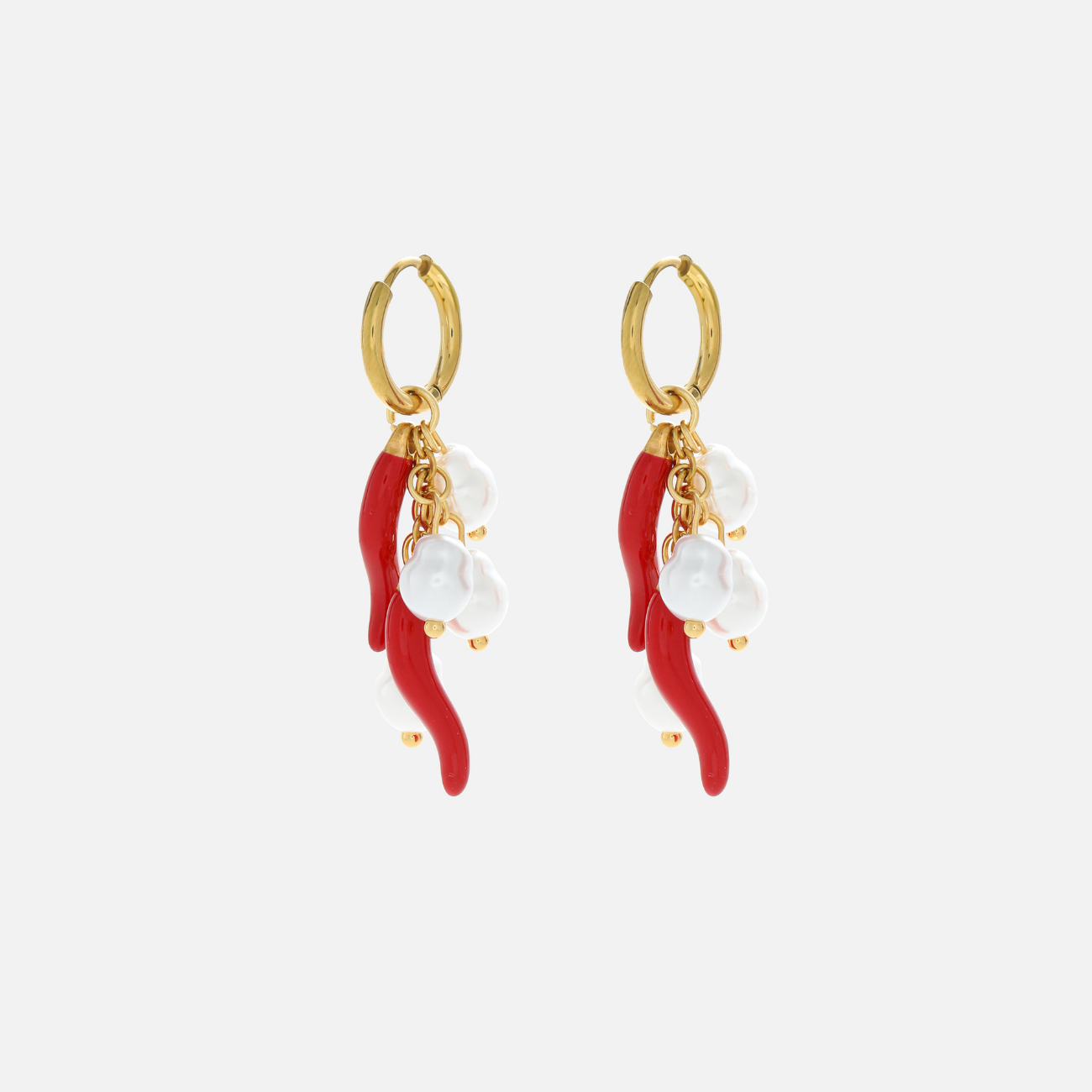 Gold Hoop Earrings with Red Chili Charms and Pearl Drops 0
