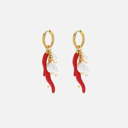 Gold Hoop Earrings with Red Chili Charms and Pearl Drops 0