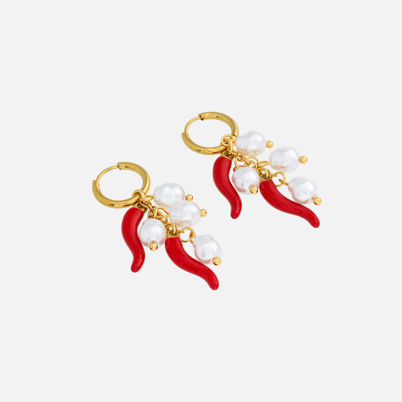 Gold Hoop Earrings with Red Chili Charms and Pearl Drops 1