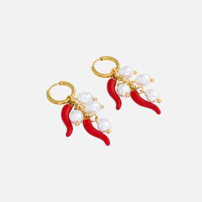 Gold Hoop Earrings with Red Chili Charms and Pearl Drops 1
