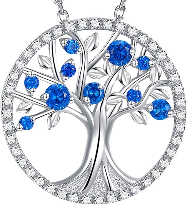 Sapphire Tree of Life Necklace White Gold Elegant Design Adjustable Chain 0