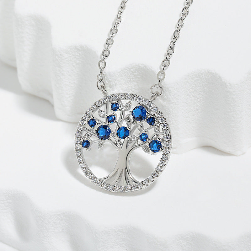 Sapphire Tree of Life Necklace White Gold Elegant Design Adjustable Chain 1