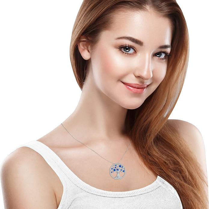 Sapphire Tree of Life Necklace White Gold Elegant Design Adjustable Chain 2