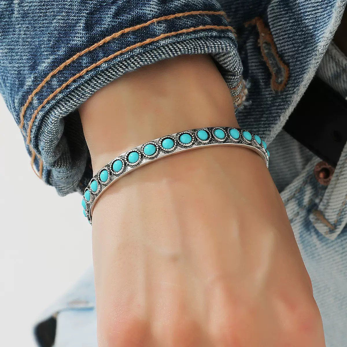 Turquoise Open Bracelet White Gold Elegant Design Adjustable Fit 1