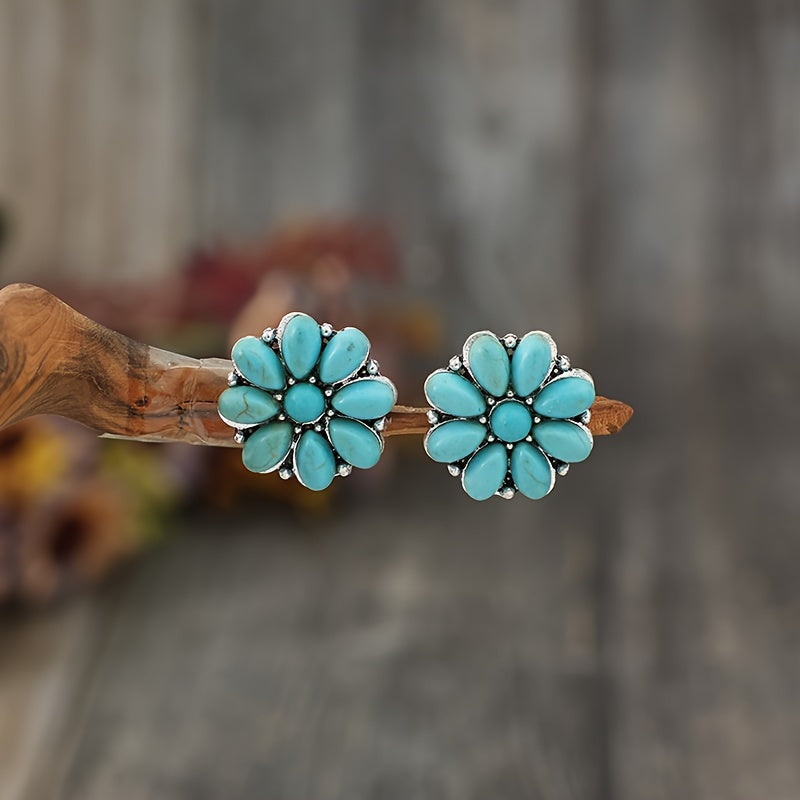 Turquoise Petal Stud Earrings White Gold Elegant Design 2