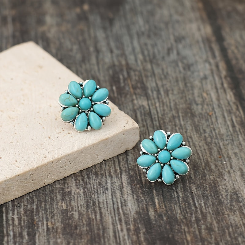 Turquoise Petal Stud Earrings White Gold Elegant Design 3