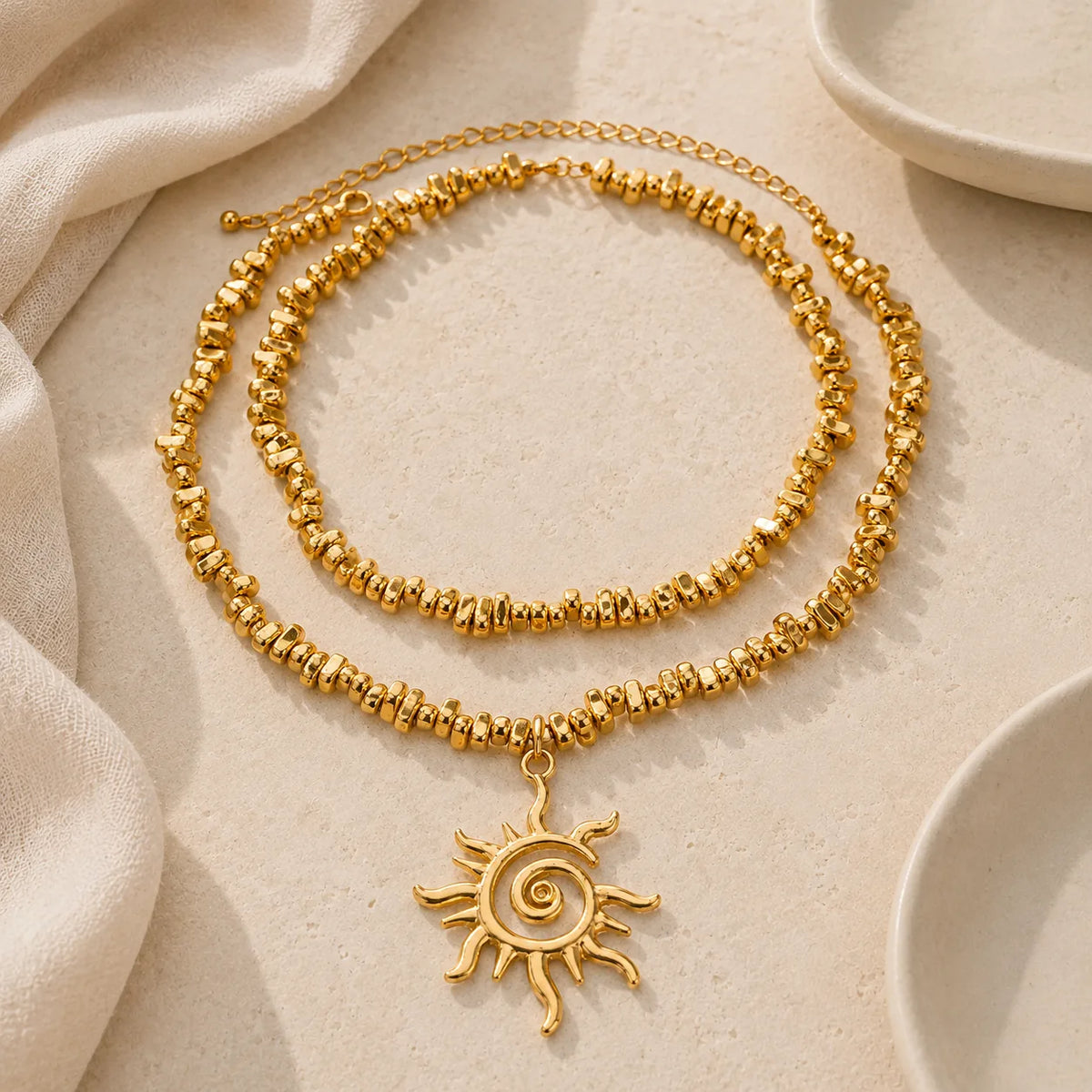Boho Gold Sun Pendant Beaded Layered Necklace