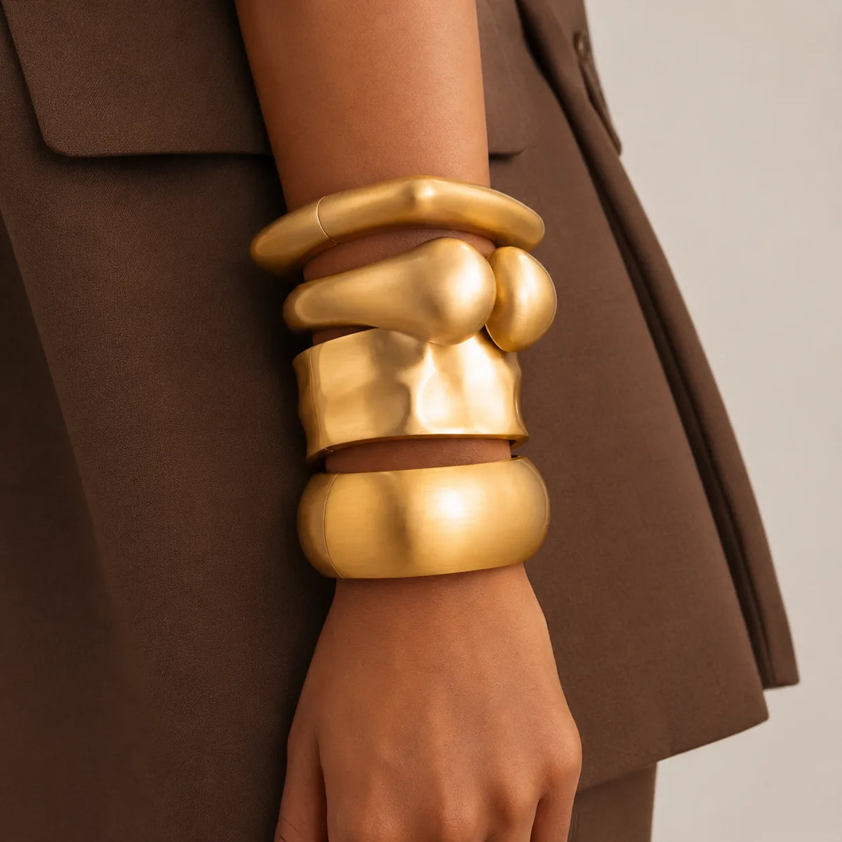 Sculptural Oversized Gold Bangle Bracelet Stack Set