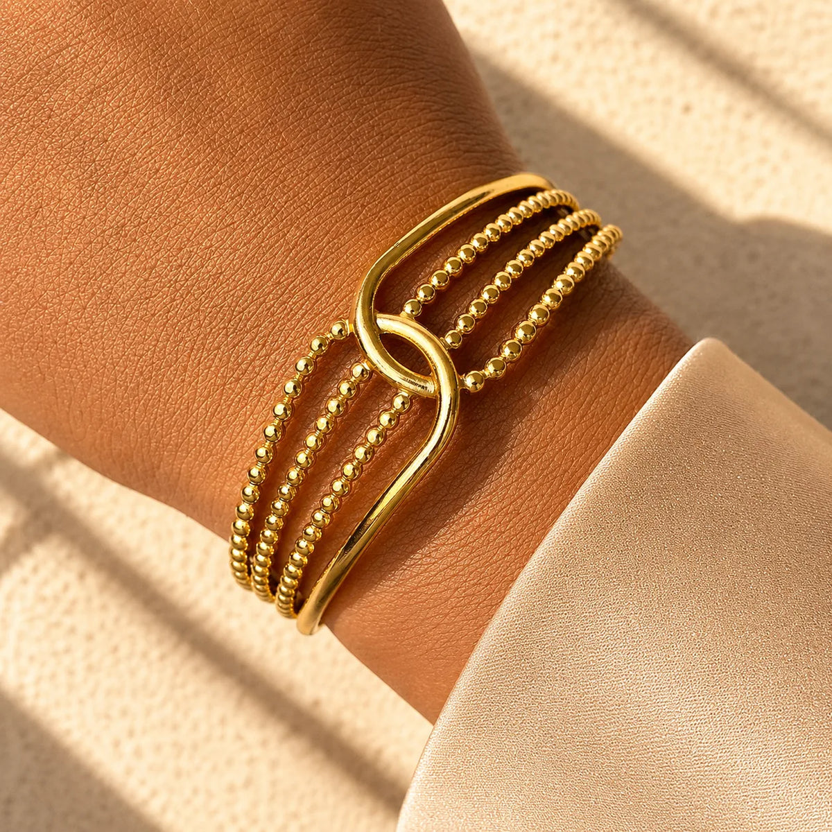 Beaded Wave Open Cuff Bracelet Gold Silver