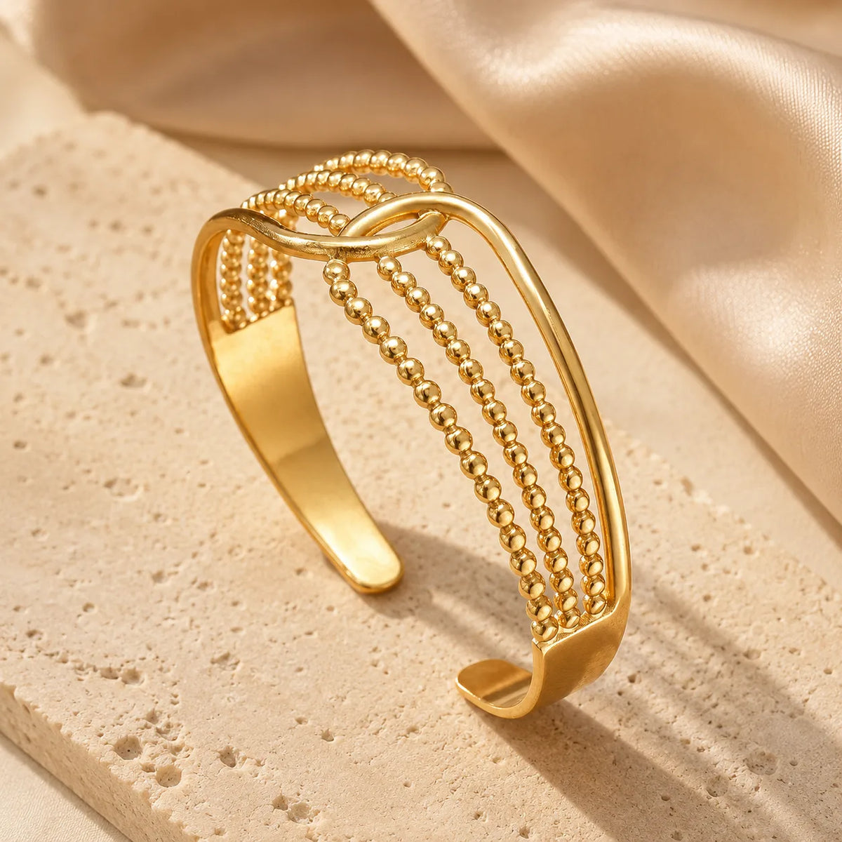 Beaded Wave Open Cuff Bracelet Gold Silver