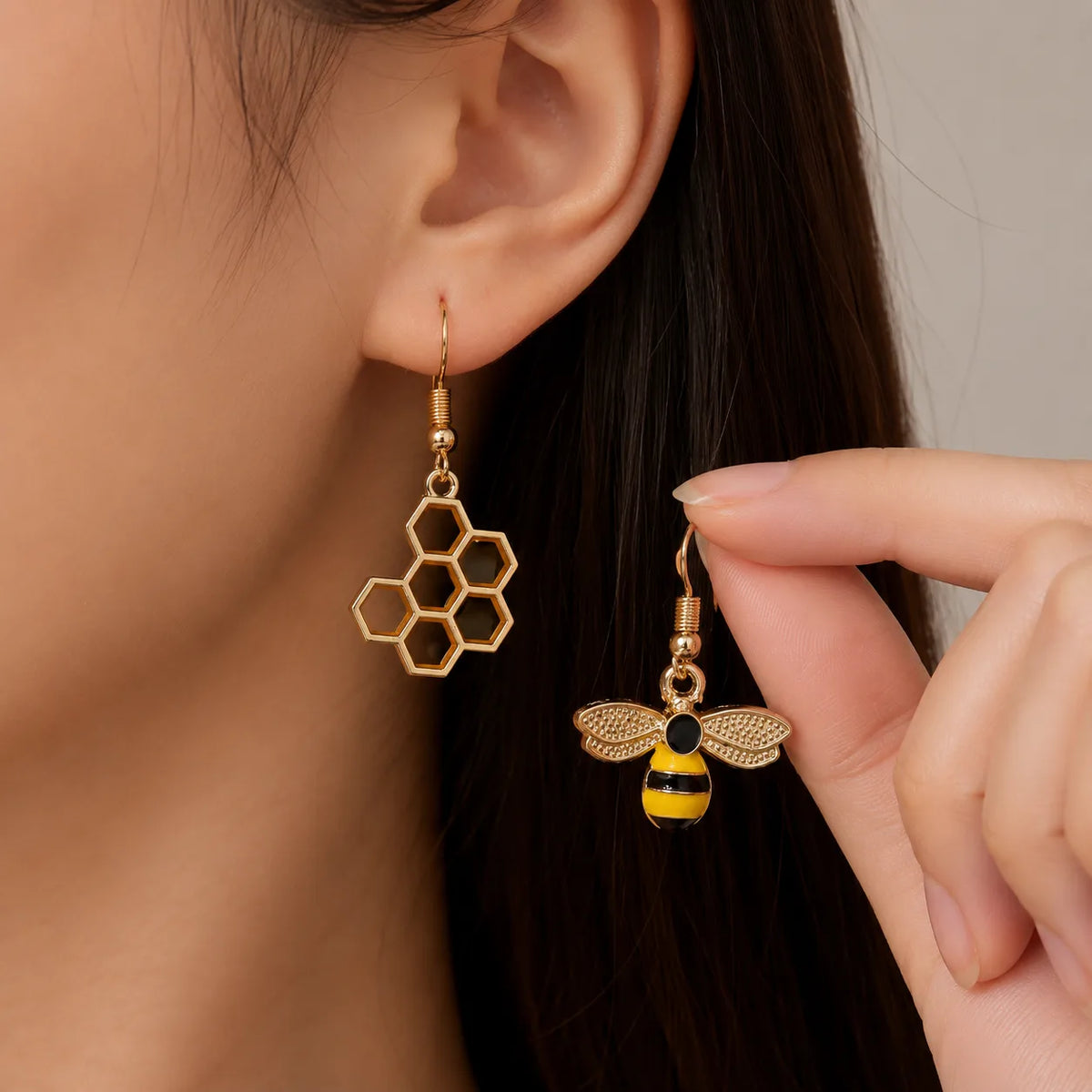Gold Honey Bee Enamel Dangle Earrings Honeycomb