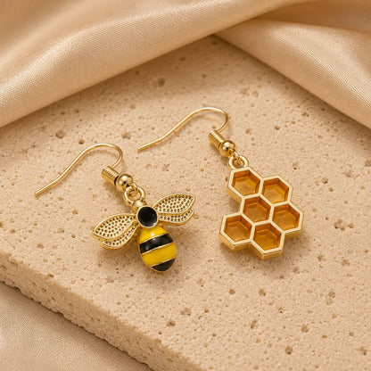 Gold Honey Bee Enamel Dangle Earrings Honeycomb