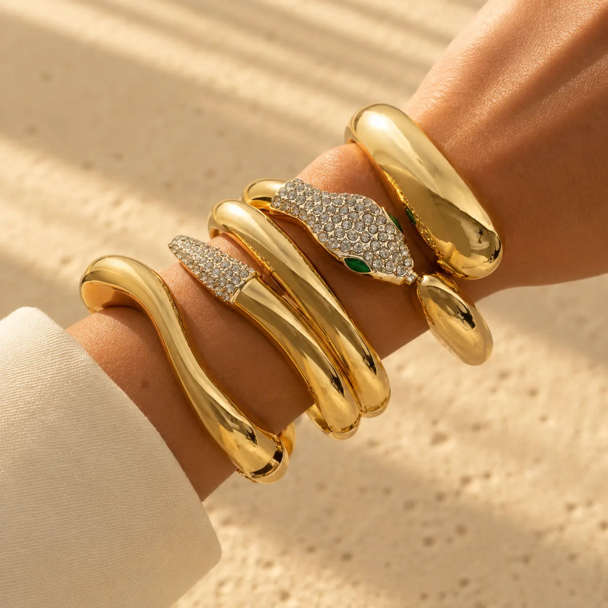 3-Piece Chunky Snake Rhinestone Bangle Set