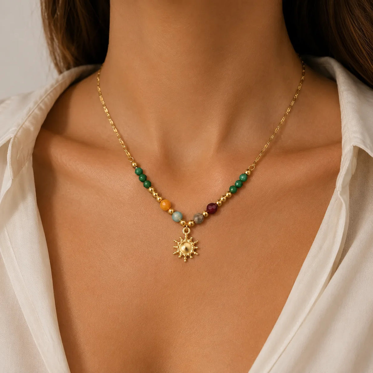Colorful Bead Necklace Adjustable Chain Radiant Sun Pendant