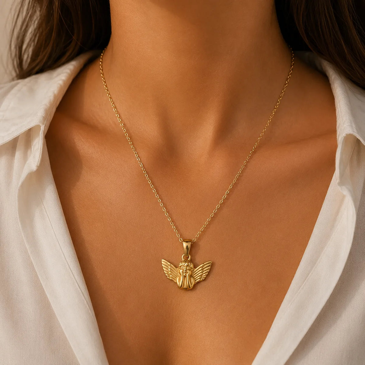 Gold Angel Pendant Necklace Delicate Design Hypoallergenic Wear