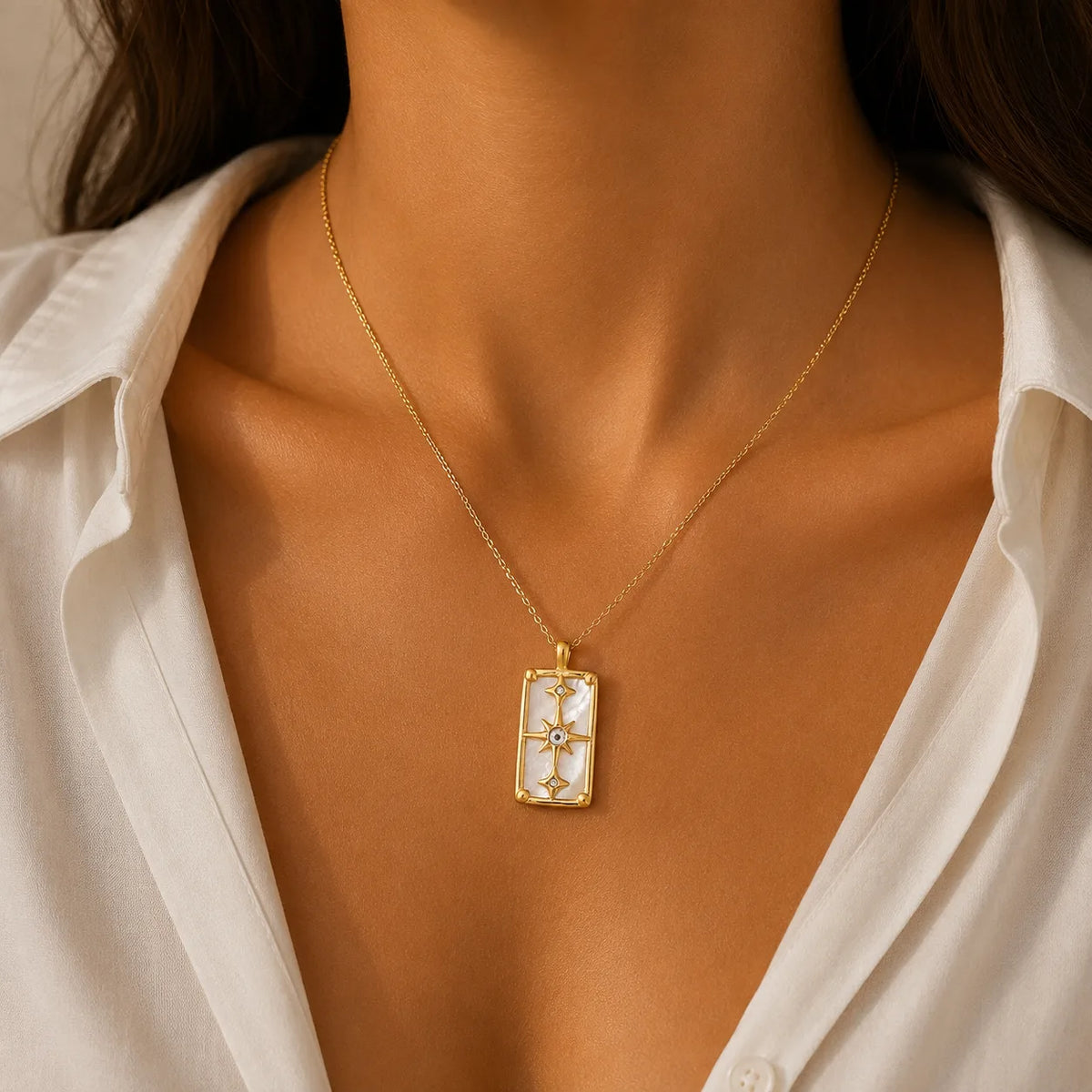 Mother-of-Pearl Pendant Necklace Golden Stars Elegant Night Sky