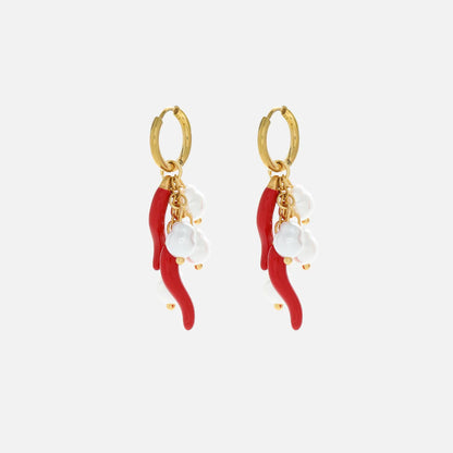 Gold Hoop Earrings with Red Chili Charms and Pearl Drops 0