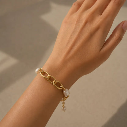 Gold Chain Bracelet with Pearls Adjustable Elegant Design