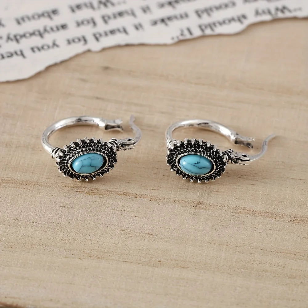 White Gold Hoop Earrings Turquoise Design Elegant for Everyday Wear 2