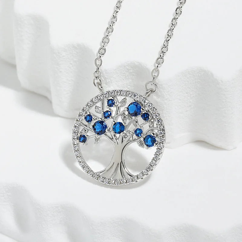 Sapphire Tree of Life Necklace White Gold Elegant Design Adjustable Chain 1